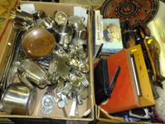TWO TRAYS OF TREEN AND METALWARE