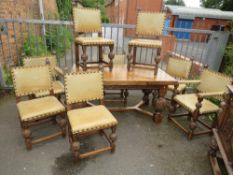 A LARGE CARVED HEAVY OAK DRAWLEAF TABLE IN THE JACOBEAN STYLE - L 157 cm / EXTENDED L 247 cm, TOGET