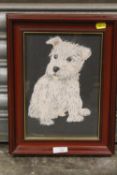 A SMALL FRAMED AND GLAZED MIXED MEDIA PICTURE OF A PUPPY - OVERALL SIZE 35.5CM X 27.5CM