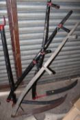 A SMALL SELECTION OF VINTAGE FARMING ITEMS TO INCLUDE SCYTHES A/F, YOKE HAS SIGNS OF WOOD WORM