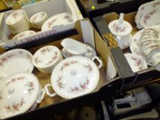 THREE TRAYS OF ROYAL ALBERT LAVENDER ROSE TEA AND DINNER WARE TO INCLUDE LIDDED TUREENS