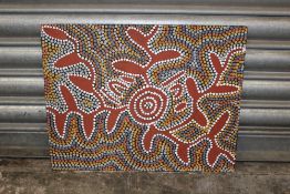 A MIXED MEDIA ABORIGINAL DESIGN DETAILS VERSO - SIZE 35.25CM X 45CM