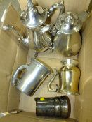 A SMALL TRAY OF SILVER PLATED WARE TO INCLUDE A HOT WATER JUG