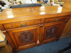 AN EDWARDIAN MAHOGANY CARVED SIDEBOARD WITH TWO DRAWERS H-89 W-116 CM