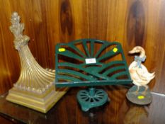 A METAL RECIPE BOOK STAND, CAST GOOSE DOORSTOP AND A PLASTIC GILT WALL BRACKET (3)