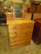 A MODERN PINE FIVE DRAWER CHEST WITH MIRROR - W 81 cm