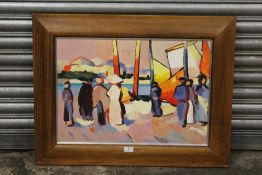 A FRAMED OIL ON BOARD IMPRESSIONIST HARBOUR SCENE - OVERALL SIZE 63.5CM X 82.5CM