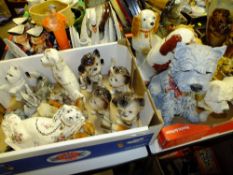 TWO TRAYS OF ASSORTED ANIMAL CERAMICS TO INCLUDE FIRESIDE SPANIELS, RESIN EXAMPLES TOGETHER WITH A
