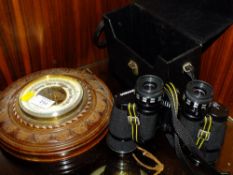 A CARVED OAK CIRCULAR WALL BAROMETER TOGETHER WITH A PAIR OF MIRANDA 8X40 BINOCULARS