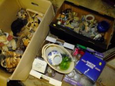 THREE BOXES OF CERAMICS AND GLASSWARE TO INCLUDE A COLLECTION OF COTTAGE FIGURES, RETRO DRINKING GL