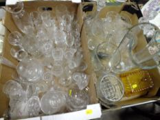 TWO TRAYS OF GLASSWARE TO INCLUDE VASES (DECANTERS CHIPPED)