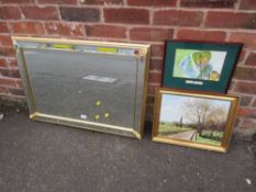 A MODERN GILT FRAMED BEVELLED MIRROR A/F TOGETHER WITH AN OIL PAINTING AND ANOTHER PICTURE (3)