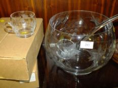 A GLASS PUNCH BOWL, LADLE AND GLASSES SET