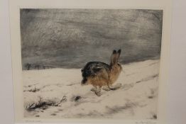 A FRAMED AND GLAZED ORIGINAL ETCHING OF A HARE TAKING FLIGHT OVER A SNOWY LANDSCAPE SIGNED LOWER RI
