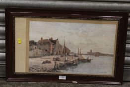 AN EDWARDIAN PRINT OF A HARBOUR SCENE BY STUART LLOYD 1904 A/F - OVERALL SIZE 40CM X 64CM