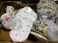 A BOX CERAMICS TO INCLUDE TWO SHELLEY CAKE PLATES AND CONTINENTAL CERAMICS A/F - SOME DAMAGE