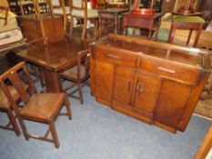 A DECO STYLE OAK SIDEBOARD TOGETHER WITH A DRAWLEAF TABLE AND FOUR CHAIRS