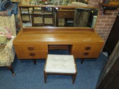 A RETRO TEAK DRESSING TABLE WITH STOOL - W 165 cm