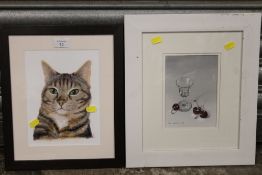 A FRAMED AND GLAZED OIL PAINTING OF A CAT BY KAREN BLAKE, TOGETHER WITH A FRAMED AND GLAZED