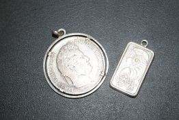 AN 1840 COIN TOGETHER WITH A SILVER INGOT - APPROX 46.8 G