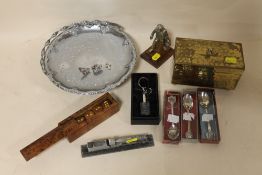 A BOX OF COLLECTABLES TO INCLUDE A FLYING SCOTSMAN MODEL, A BOX OF DICE, MG CUFFLINKS AND MODEL OF A