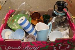 A TRAY OF ASSORTED CERAMICS AND GLASSWARE TO INCLUDE A T.G. GREEN STYLE ROLLING PIN, PORTMEIRION AND