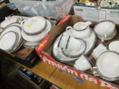 TWO TRAYS OF ROYAL DOULTON SARABANDE CHINA TO INCLUDE CUPS AND SAUCERS, TUREENS ETC.