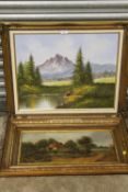 A GILT FRAMED OIL ON CANVAS MOUNTAINOUS RIVER LANDSCAPE TOGETHER WITH AN OIL ON BOARD OF A COUNTRY