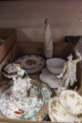 A TRAY OF ASSORTED CERAMICS TO INCLUDE CONTINENTAL STYLE FIGURES (ONE CHIPPED TO HAND), NAO