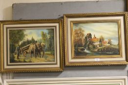 A PAIR OF GILT FRAMED OIL ON CANVASES OF A HORSE DRAWN WOOD CARTING SCENE AND A WATER MILL, H 30