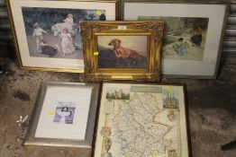 FIVE ASSORTED PRINTS TO INCLUDE A MAP OF STAFFORDSHIRE, W RUSSELL FLINT PRINT ETC