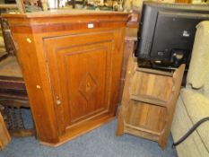 AN ANTIQUE INLAID HANGING CORNER CUPBOARD, TOGETHER WITH A MODERN EXAMPLE
