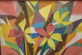 A FRAMED OIL ON CANVAS ABSTRACT STILL LIFE STUDY OF FLOWERS SIGNED GOVAN - CANVAS H 61 CM BY 91 CM