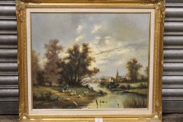 A GILT FRAMED OIL ON CANVAS OF A WOMAN DRIVING GEESE TO THE RIVER SIGNED LOWER LEFT H BERNER, H 50.5