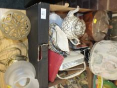 A TRAY OF COLLECTABLES TO INCLUDE A COPPER KETTLE, SILVER PLATED SPOONS ETC