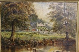 AN ANTIQUE GILT FRAMED OIL ON CANVAS LAID ON BOARD OF A COUNTRY SCENE OF A HOUSE NEAR A RIVER, H