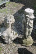 A FEMALE BUST (AS FOUND - ) TOGETHER WITH A BIRDBATH BASE WITH FEMALE FIGURE DETAIL
