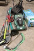 AN ELECTRIC LAWNMOWER TOGETHER WITH AN ELECTRIC BOSCH STRIMMER AND A SMALL COLLECTION OF GARDEN