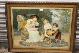 A LARGE FRAMED AND GLAZED CLASSIC VICTORIAN SCENE PRINT OF A FAMILY SCENE WITH PUPPIES IN A BASKET -