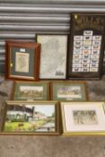 A COLLECTION OF PICTURES TO INCLUDE TWO STAFFORDSHIRE MAPS, FRAMED AND GLAZED CIGARETTE CARDS, OIL