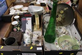 TWO TRAYS OF VARIOUS METALWARE, GLASS, PORCELAIN ETC., TO INCLUDE A CARVED ORIENTAL STYLE TRINKET