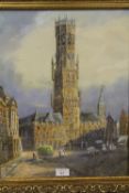 A GILT FRAMED AND GLAZED WATERCOLOUR OF THE BELFORT VAN BRUGGE SIGNED LOWER LEFT E NEVIL, H 47 CM BY