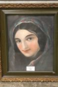 A FRAMED AND GLAZED OIL ON BOARD PORTRAIT STUDY OF A LADY WITH ALTERNATIVE PORTRAIT VERSO ON A MAN