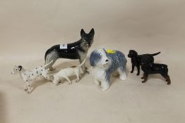 A COLLECTION OF BESWICK AND SYLVAC DOG FIGURES, TO INCLUDE A GOLD STAMPED LABRADOR, HUNTING HOUND