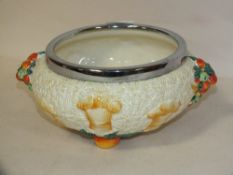 A CLARICE CLIFF CELTIC HARVEST TWIN HANDLED TRI FOOTED BOWL HANDLE TO HANDLE WIDTH - 26CM