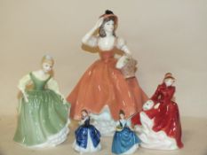 TWO SMALL ROYAL DOULTON FIGURES FAIR MAIDEN HN2211, EMMA HN3208 TOGETHER WITH A COALPORT FLORA