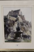 FREDERICK DONALD BLAKE (1908-1997). Study of a fountain before Edinburgh castle, signed lower right,