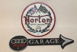 A MODERN CAST METAL AUDI GARAGE PLAQUE TOGETHER WITH A NORTON MOTORCYCLES PLAQUE