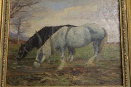 (XX). A windy wooded landscape with two work horses feeding, unsigned, oil on board, framed, 18 x 21