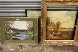 A FRAMED OIL OF A WOODED RIVER SCENE SIGNED E CRUTCHLOW 1973 - OVERALL SIZE 41.5CM X 51.5CM TOGETHER